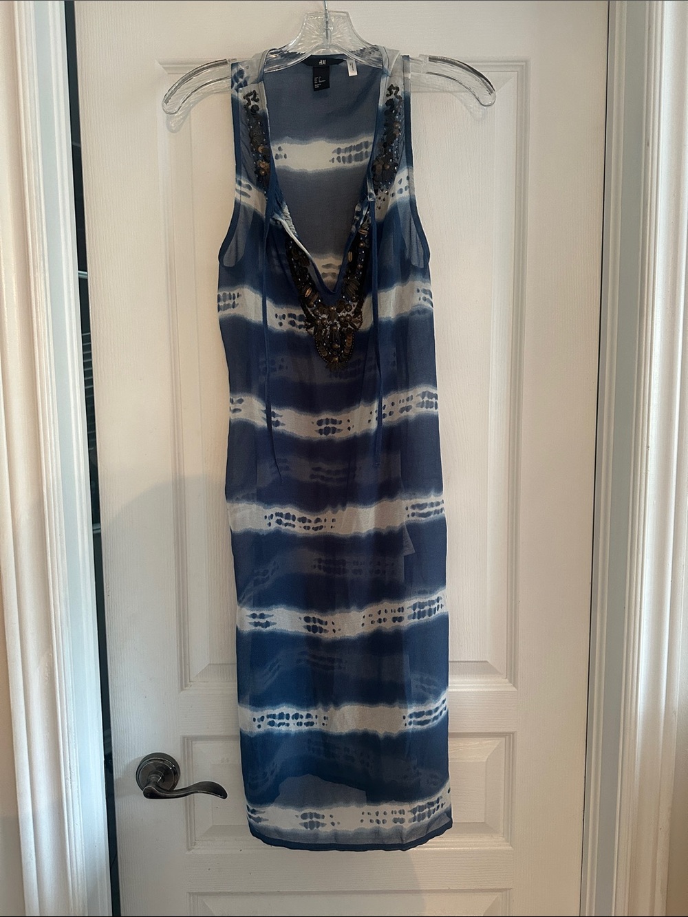 H&M Blue and White Tie-Dye Swim Coverup with Beaded Neckline